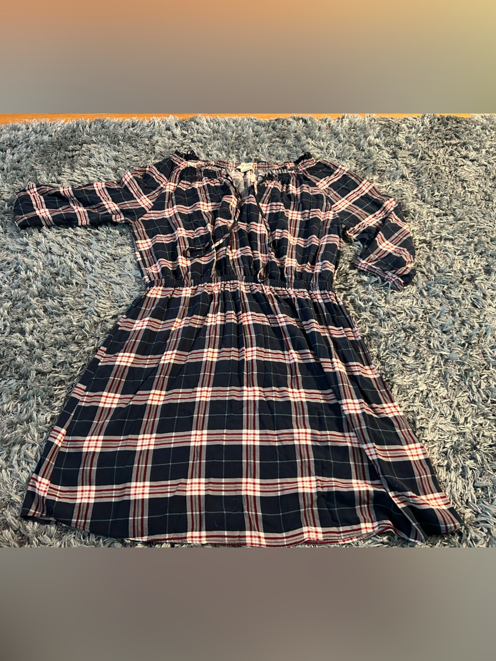 In Every Story Navy Plaid Off-Shoulder Midi Dress